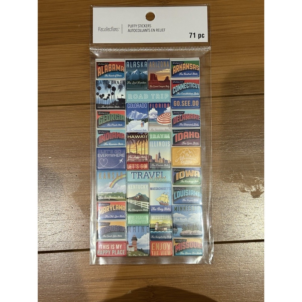 Recollections Puffy Stickers featuring various US states and travel-themed des